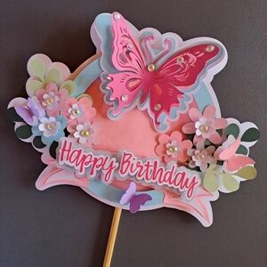 Custom Pink Cardstock Butterfly Happy‎ Birthday Cake Topper Party Decoration
